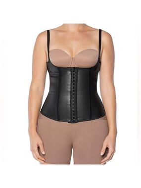 Stellas Corset black latex corset boning adjustable straps hook and eye closure